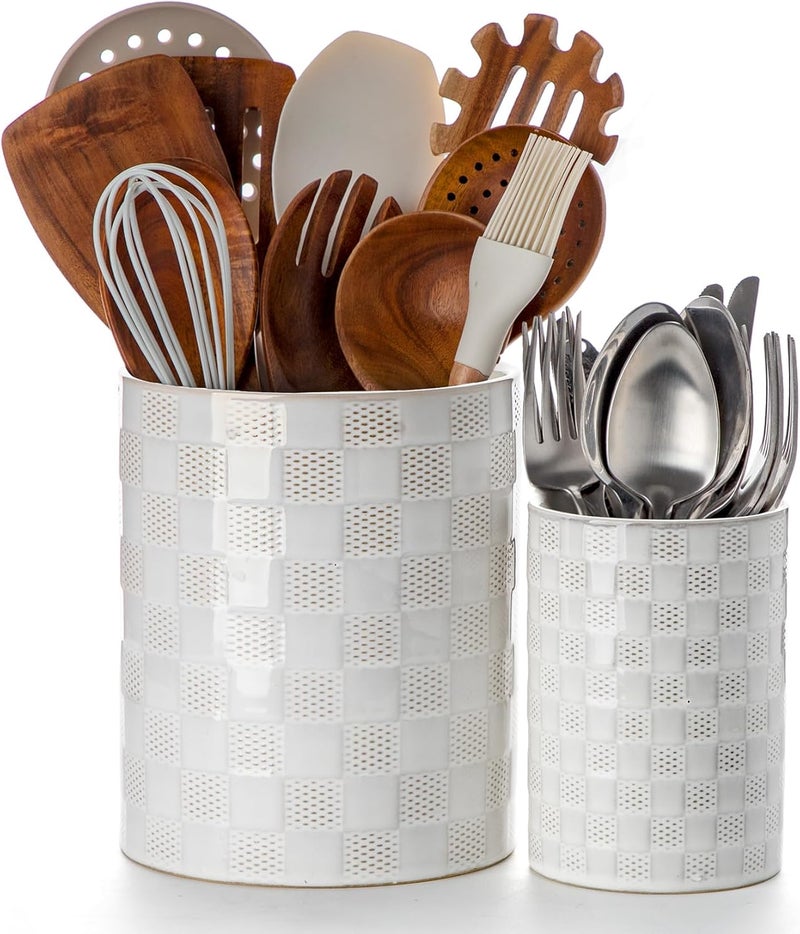 Nucookery Utensil Holder, Extra Large Ceramic Utensil Crock for Kitchen Counter, Stable Spatula & Flatware Organizer, Farmhouse Embossed Kitchen Decor, Set of 2 (Checkered) - Image 1